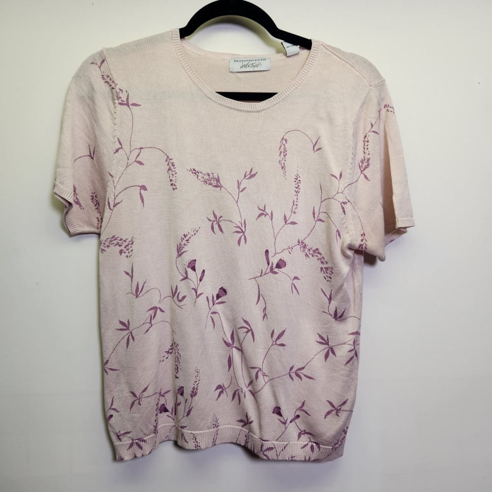 Vintage Lord & Taylor 100% Silk Sweater M‎ Pink Floral Design Short Sleeve Layer